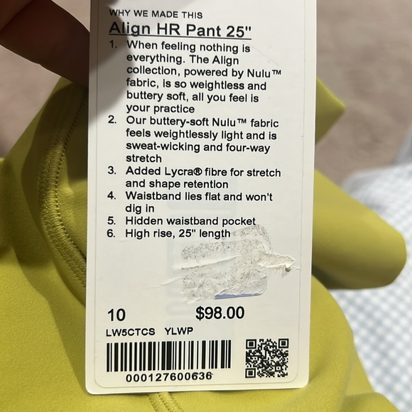 LULULEMON ALIGN HIGH RISE 25” LEGGINGS YELLOW PEAR COLOR WAIST 14” SIZE 10 NWT - Picture 5 of 5